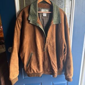 L.L. Bean Men's Brown Bomber Jacket with Green Collar